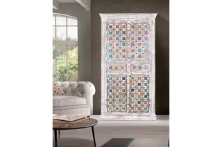 Armoire 4 portes et 2 tiroirs - Blanc vieilli et doré