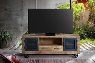 Meuble TV 2 portes - Naturel et noir