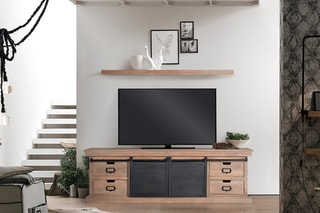 Meuble TV 2 portes - Naturel et noir