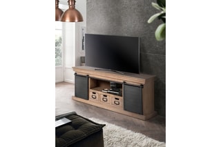 Meuble TV 2 portes - Naturel et noir