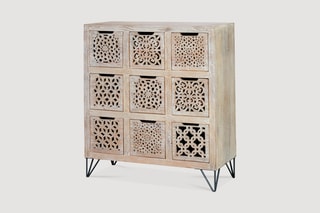 Commode 9 tiroirs - Blanc vieilli et naturel