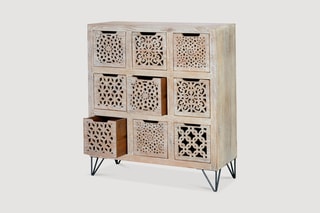 Commode 9 tiroirs - Blanc vieilli et naturel