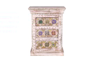 Table d'appoint 3 tiroirs - Blanc vieilli et doré