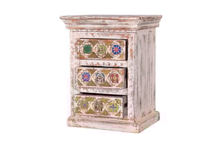 Table d'appoint 3 tiroirs - Blanc vieilli et doré
