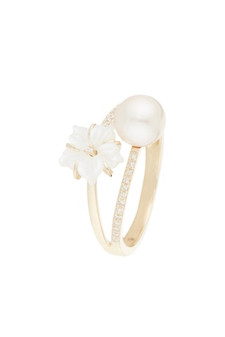 Anel Fleur perlée - Ouro amarelo, diamantes, pérola de água doce e madrepérola