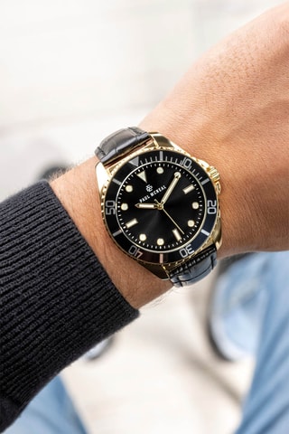 Montre à quartz en cuir - Noir et doré