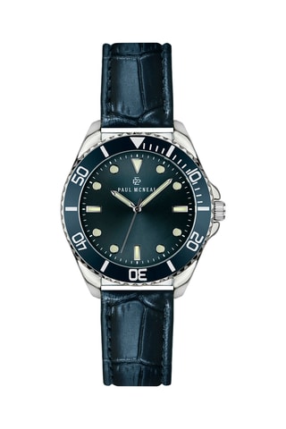Montre à quartz en cuir - Bleu canard et argenté