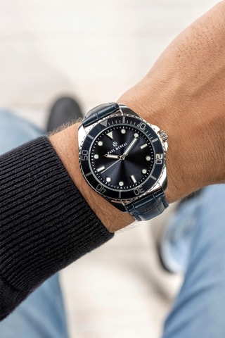 Montre à quartz en cuir - Bleu canard et argenté