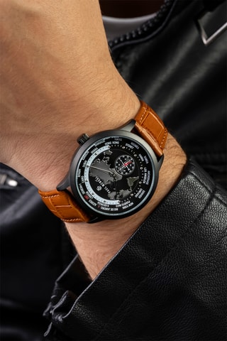 Montre à quartz en cuir - GMT - Boussole - Marron clair et noir