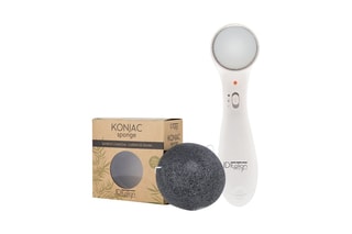 Massajador facial iónico e esponja konjac em bambu com carvão
