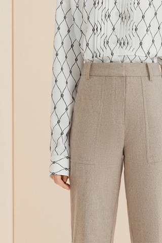 Pantalon droit taille haute en laine de mouton - Beige clair chiné