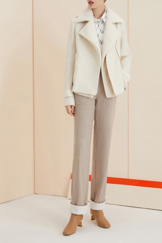 Pantalon droit taille haute en laine de mouton - Beige clair chiné