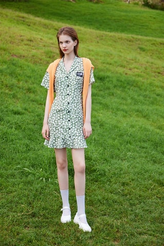 Robe chemise - Vert olive et blanc