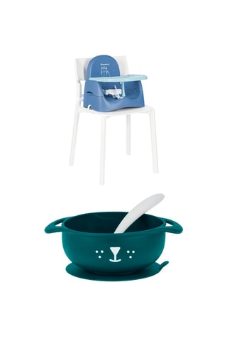 1 x Assento elevatório dobrável Gato Compacto e 1 x Conjunto refeições em silicone sem BPA Cão Tast'Isy - 2 peças - Dos 15 aos 24 meses