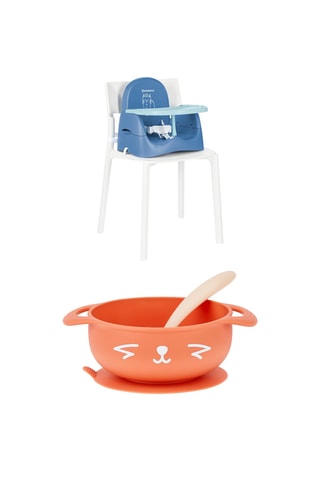 1 x Assento elevatório dobrável Gato Compacto e 1 x Conjunto refeições em silicone sem BPA Raposa Tast'Isy - 2 peças - Dos 15 aos 24 meses