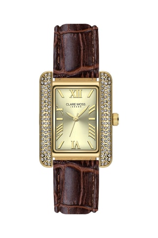 Montre à quartz en cuir de veau et zircons - Marron et doré