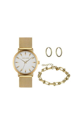 Coffret montre à quartz en acier et zircons, bracelet et boucles d'oreilles Florence