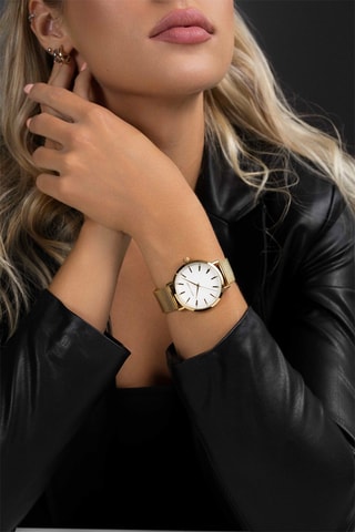 Coffret montre à quartz en acier et zircons, bracelet et boucles d'oreilles Florence