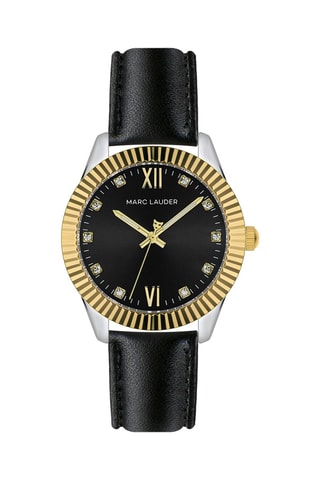 Leren Quartz Horloge met Zirkonia’s Edinburgh - Zwart en Goudkleurig