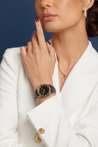 Leren Quartz Horloge met Zirkonia’s Edinburgh - Zwart en Goudkleurig