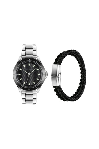 Coffret montre à quartz en acier et bracelet en cuir et onyx