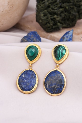 Boucles d’oreilles dorées à l'or fin jaune - Malachites et lapis-lazuli