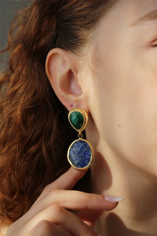 Boucles d’oreilles dorées à l'or fin jaune - Malachites et lapis-lazuli