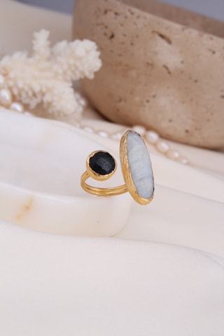 Bague – Plaqué or jaune, labradorite et pierre de lune