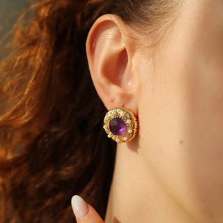 Boucles d'oreilles - Laiton plaqué or & améthyste 