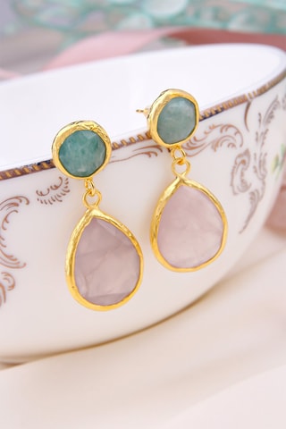 Boucles d'oreilles dorées à l'or fin jaune Amazonite et quartz rose