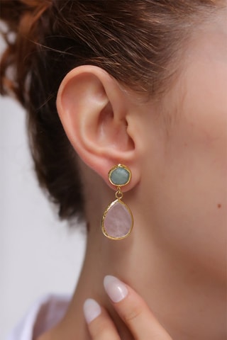 Boucles d'oreilles dorées à l'or fin jaune Amazonite et quartz rose