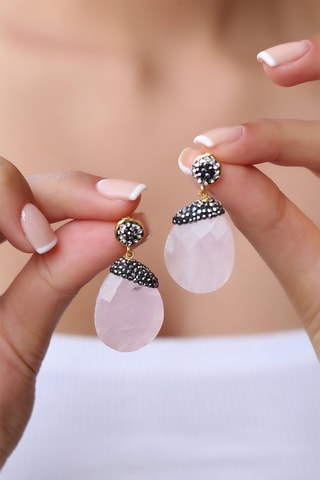 Boucles d'oreilles dorées à l'or fin jaune Quartz rose