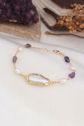 Bracelet - Plaqué or jaune, améthystes et perles de culture