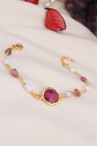 Bracelet - Plaqué or jaune, rhodonites et perles de culture