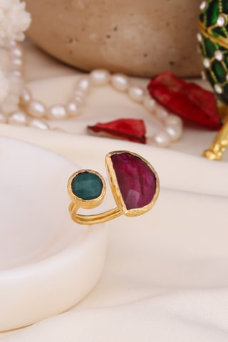 Bague – Plaqué or jaune, agate et rhodonite