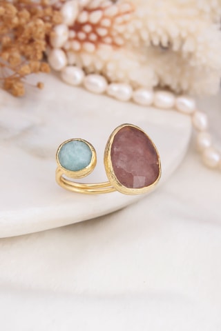 Bague – Plaqué or jaune, quartz fraise et amazonite