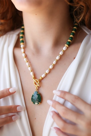 Collier - Plaqué or jaune, perle de culture et malachite