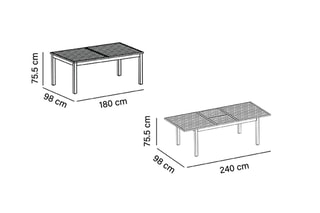 Table rectangulaire de jardin - Rouge - 10 couverts - 240 x 98 x 76 cm / 180 x 98 x 76 cm