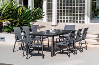 Ensemble repas Canyon - Jusqu'à 8 places - 8 fauteuils empilables - Table extensible - 160/230 x 96,5 x 75 cm