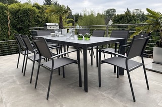 Ensemble de jardin Canyon - Jusqu’ à 8 places - Table extensible automatique 160/230 x 75 x 96,5 cm - 8 fauteuils empilables