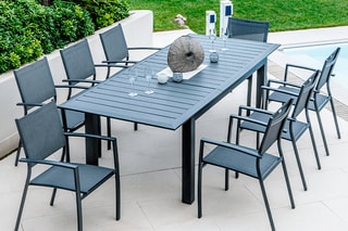 Ensemble de jardin Vasco - 8 places - Extensible - Empilable - Table extensible 180-240 x 100 x 76 cm - 8 fauteuils empilables