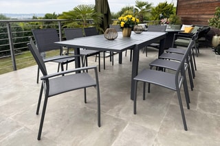 Ensemble de jardin - 10 places - Table extensible 160/240 x 75 x 100 cm - 8 chaises et 2 fauteuils empilables