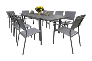 Ensemble de jardin - 10 places - Table extensible 160/240 x 75 x 100 cm - 8 chaises et 2 fauteuils empilables