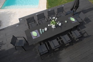 Ensemble de jardin - 10 places - Table extensible 160/240 x 100 x 75 cm - 10 fauteuils empilables