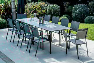 Ensemble repas Eytelia - 10 places - Table 276,5 x 95 x 74 cm - 10 fauteuils empilables