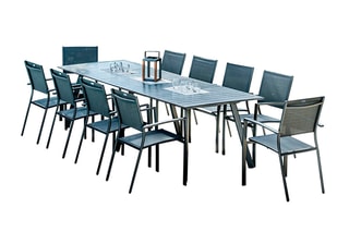 Ensemble repas Eytelia - 10 places - Table 276,5 x 95 x 74 cm - 10 fauteuils empilables