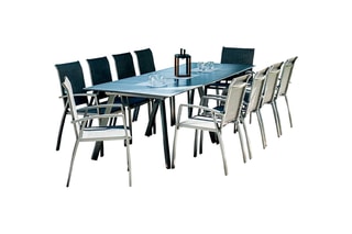 Ensemble repas Eytelia - 10 places - Table 276,5 x 95 x 74 cm - 10 fauteuils empilables