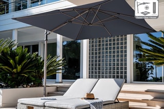 Ensemble parasol déporté avec pied Palm Beach - Housse de protection - 4 lests - Parasol déporté - 2,5m x 2,5m x 2,48 m