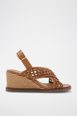 Sandales compensées en cuir de mouton - Camel