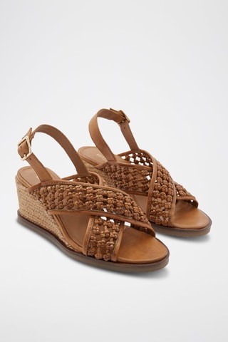 Sandales compensées en cuir de mouton - Camel